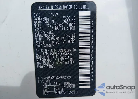 2023 Nissan Armada Platinum 2Wd z USA, uszkodzony, nr VIN JN8AY2DAXP9402727